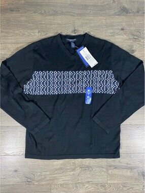 NWT Reaction Kenneth Cole Sweater Mens L Black V Neck Geometric Knit $69 MSRP
